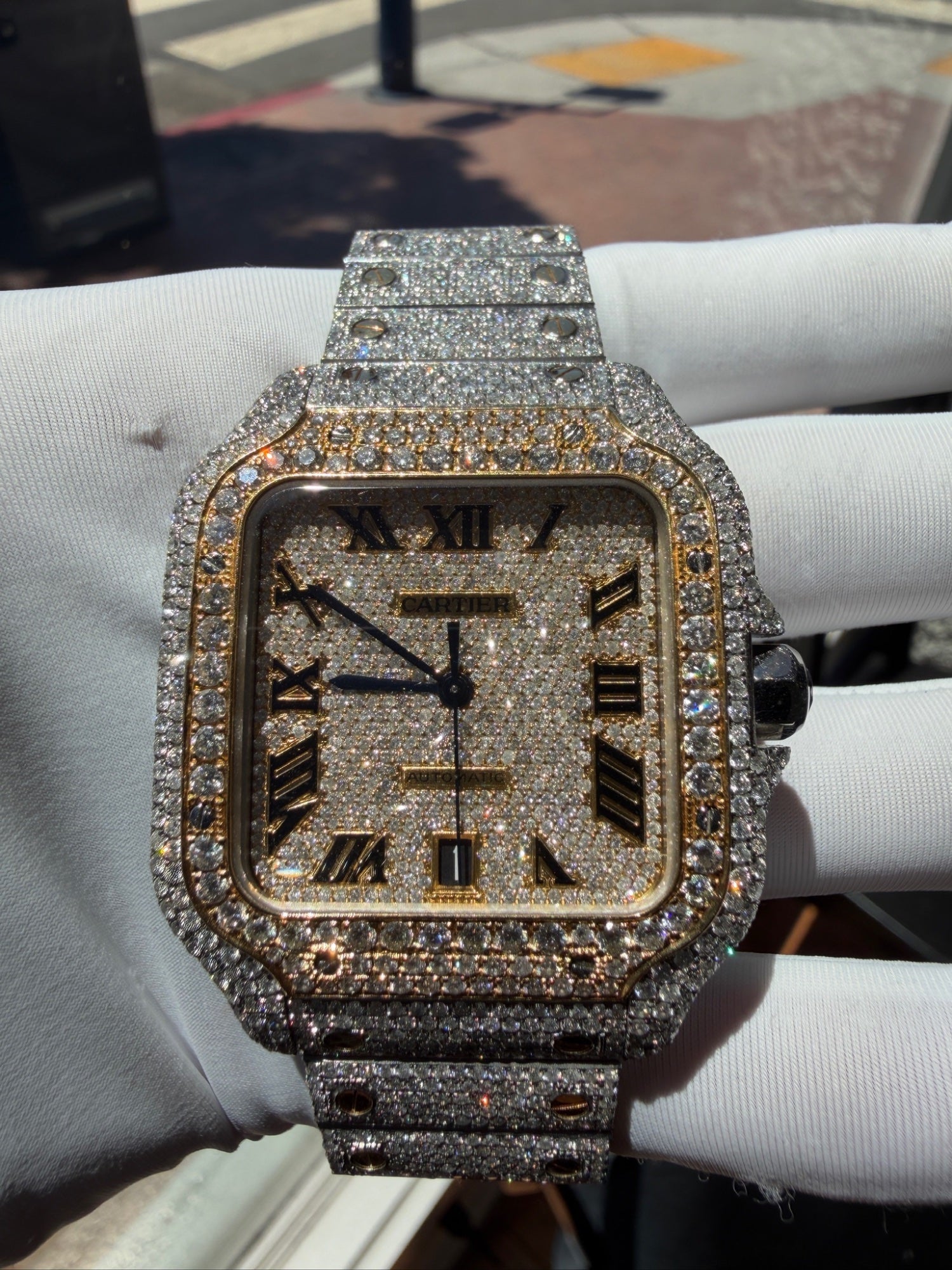 Cartier Santos Automatic Two-Tone Diamond Iced Out Wristwatch