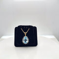 14K Yellow Gold Blue Topaz Pear & Diamond Halo Pendant Necklace 16 In