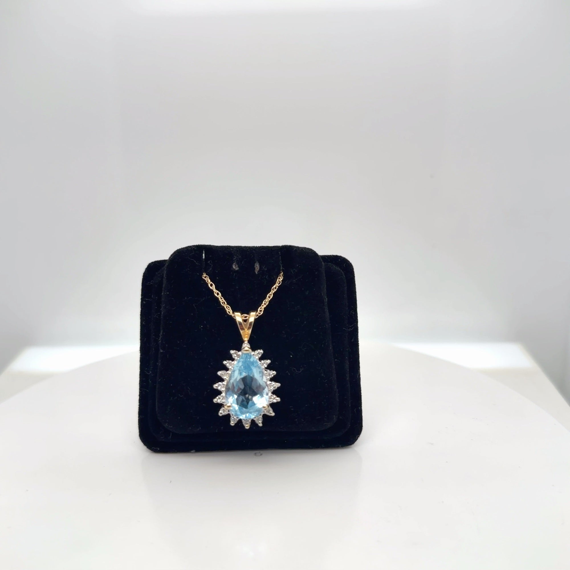 14K Yellow Gold Blue Topaz Pear & Diamond Halo Pendant Necklace 16 In
