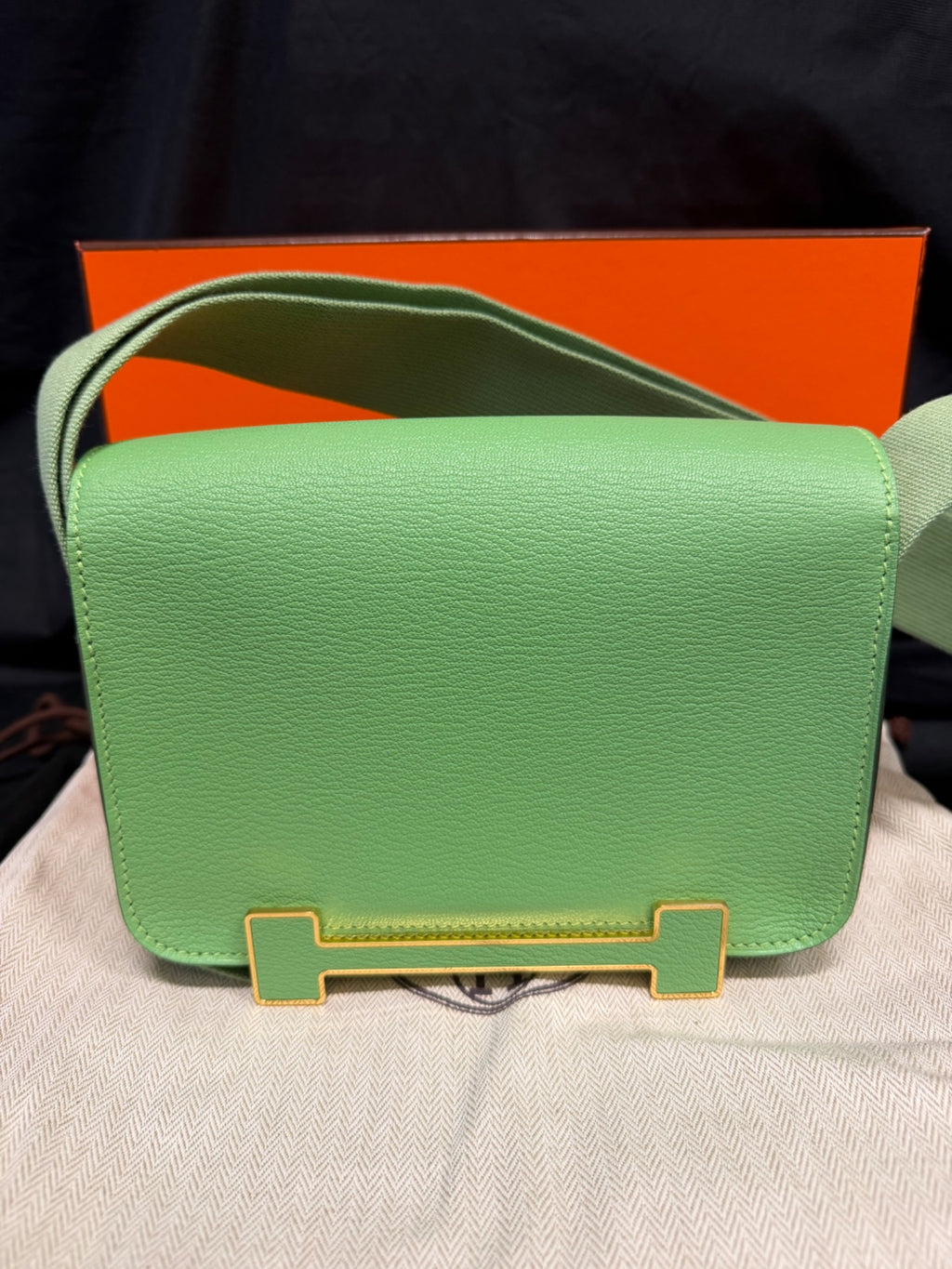 Hermès Geta Bag Chèvre Mysore Vert Criquet Gold Hardware 8" Pre-Owned (view 4)