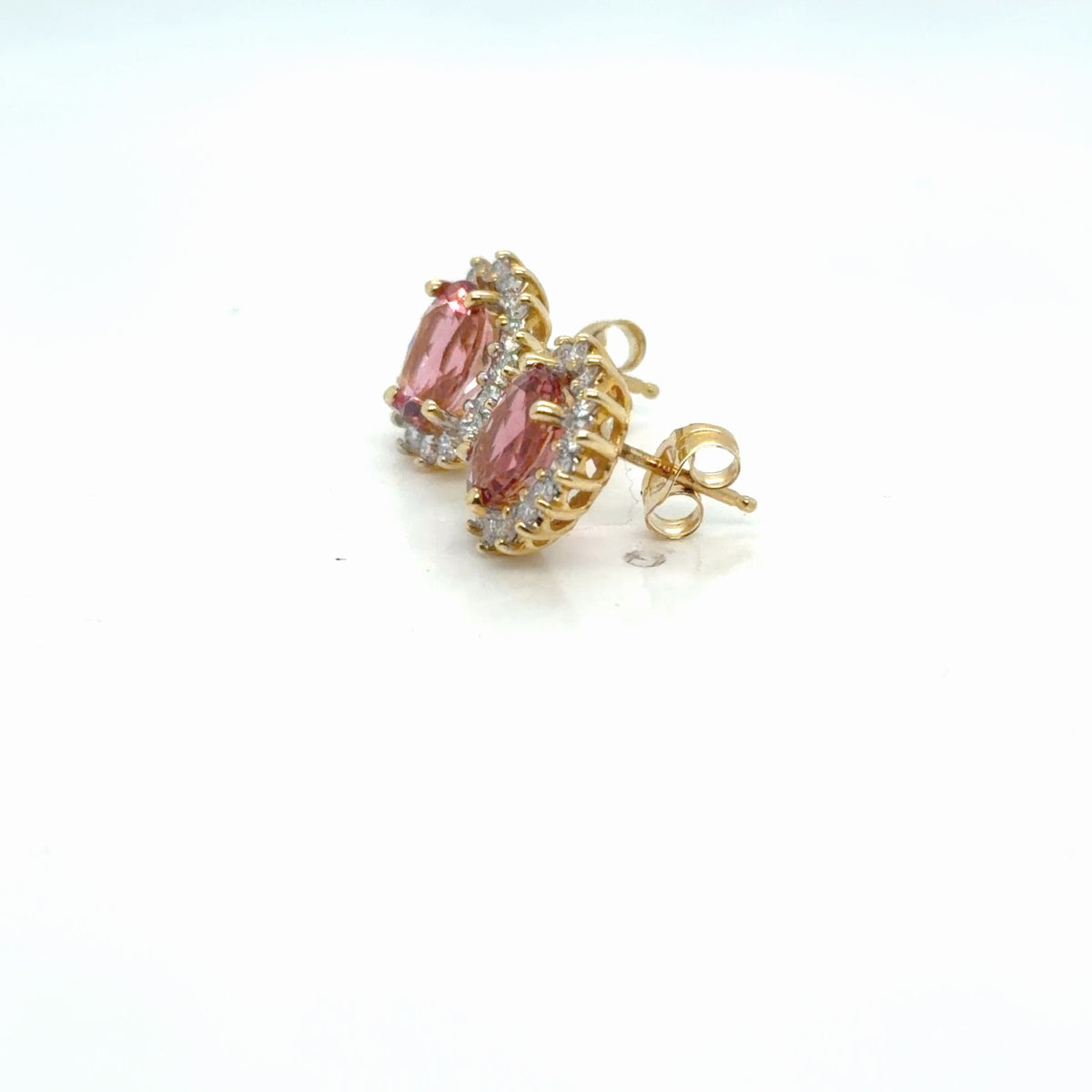 14K Yellow Gold Pink Synthetic Stone Diamond Halo Stud Earrings 0.90 ctw (view 2)
