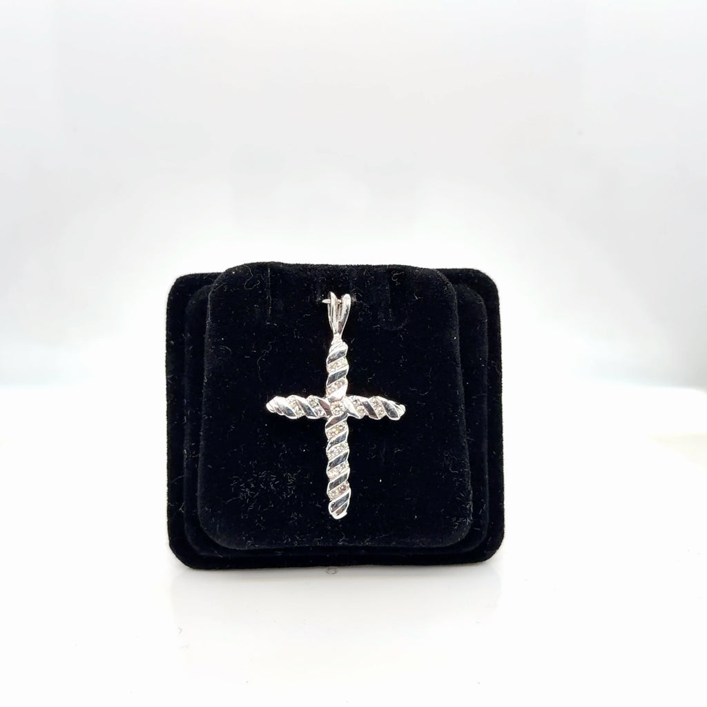 14K White Gold Diamond Twisted Cross Pendant 0.23 ctw Natural