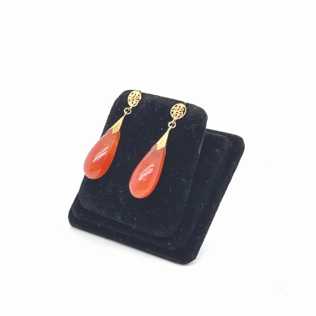 Carnelian Teardrop Drop Earrings 14K Yellow Gold Filigree Stud 4.37g (view 2)