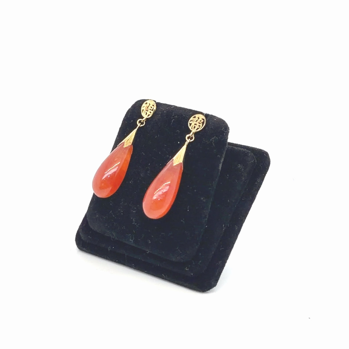 Carnelian Teardrop Drop Earrings 14K Yellow Gold Filigree Stud 4.37g (view 2)