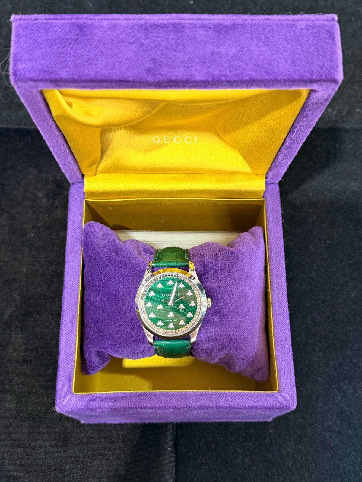 Gucci G-Timeless Automatic Green Malachite Bee Dial Leather Watch