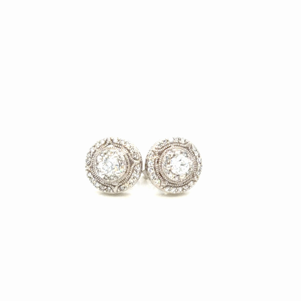 Diamond Halo Stud Earrings 10K White Gold 0.55 ctw Milgrain Vintage Style (view 3)