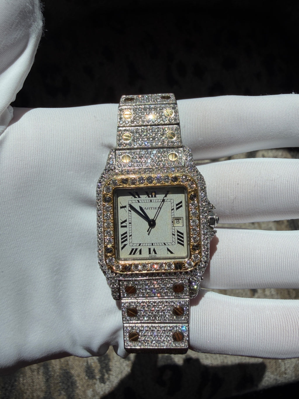 Cartier Santos Galbee Two-Tone Aftermarket Diamond Iced Out Watch (view 2)