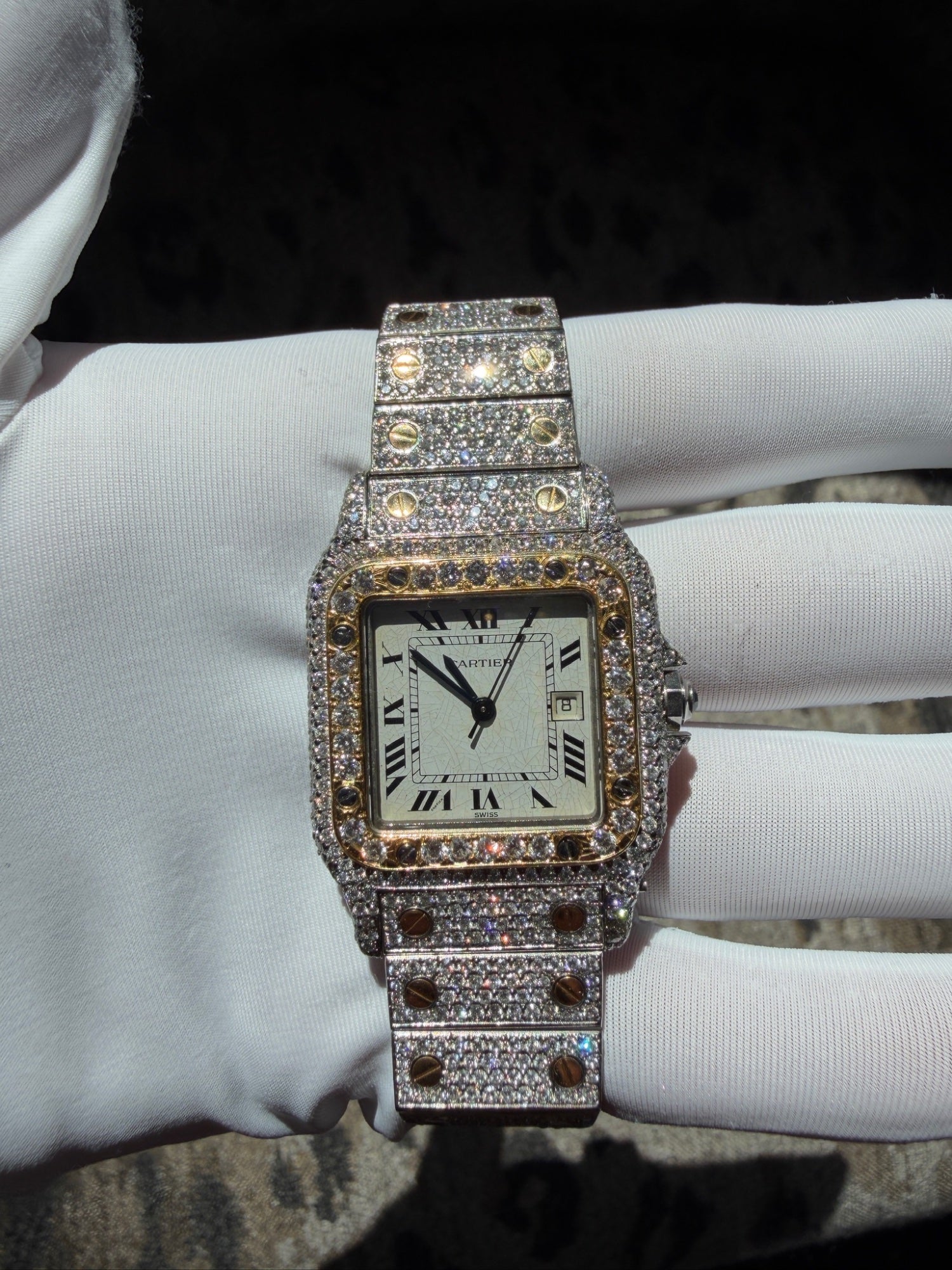 Cartier Santos Galbee Two-Tone Aftermarket Diamond Iced Out Watch