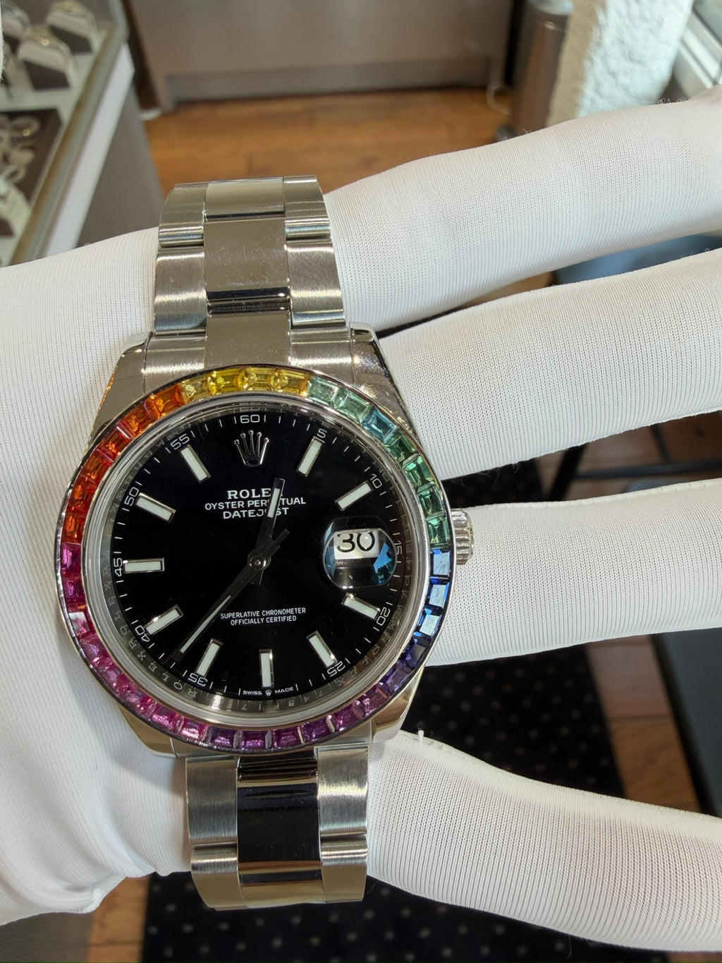 Rolex Datejust 41 Stainless Steel Black Dial Rainbow Bezel Ref 126300 (view 2)