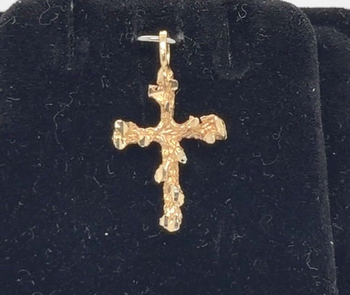 14K Yellow Gold Nugget-Textured Cross Pendant, 0.75g