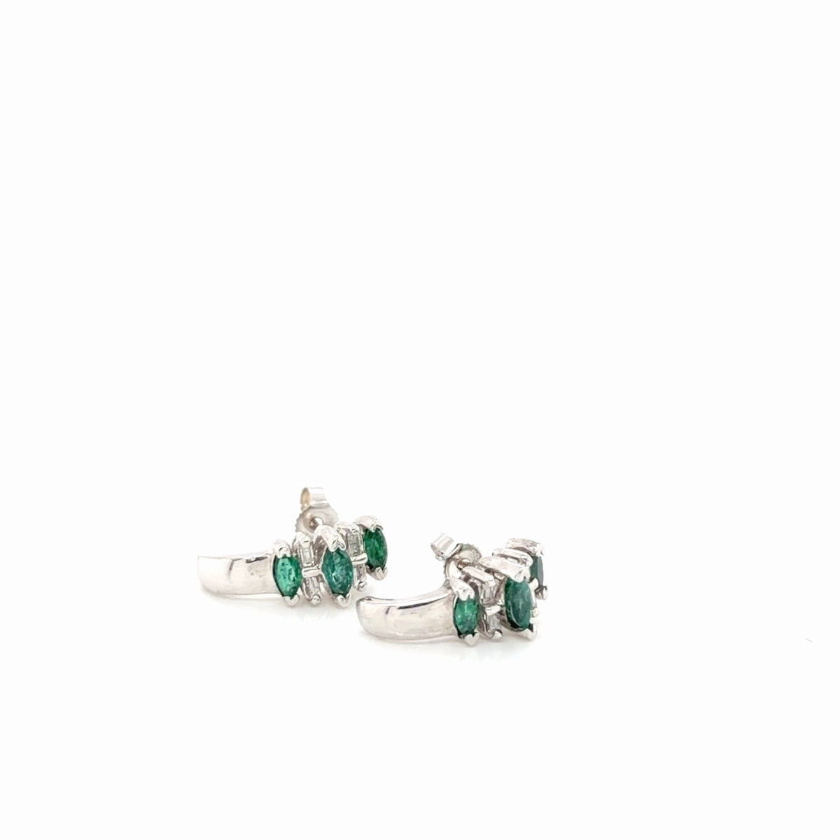 14K White Gold Marquise Emerald Diamond Hoop Earrings 0.54 ctw (view 3)