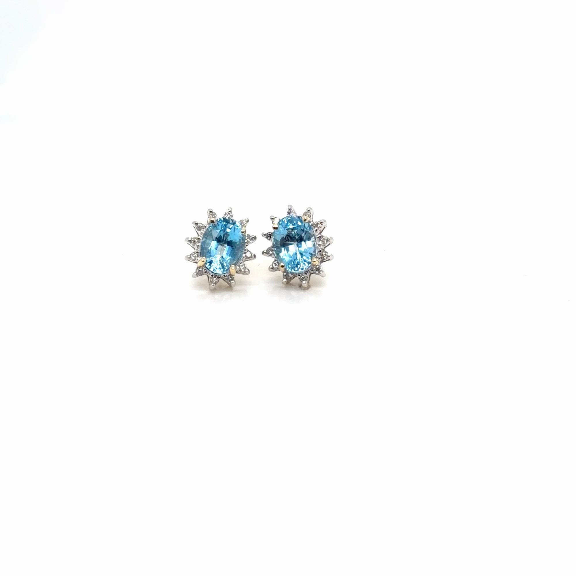 14k Two-Tone Gold Blue Topaz Oval & Diamond Halo Stud Earrings (view 3)