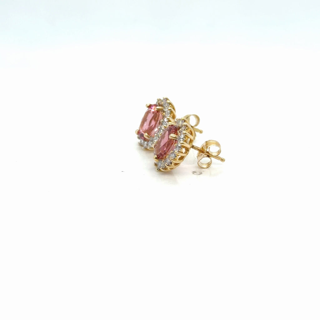 14K Yellow Gold Pink Synthetic Stone Diamond Halo Stud Earrings 0.90 ctw (view 3)