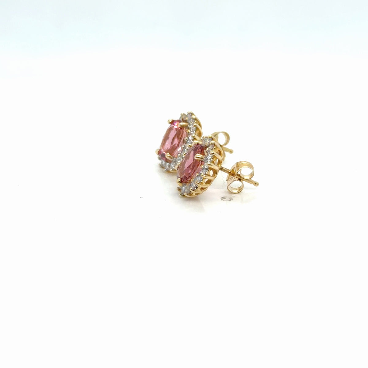 14K Yellow Gold Pink Synthetic Stone Diamond Halo Stud Earrings 0.90 ctw (view 3)