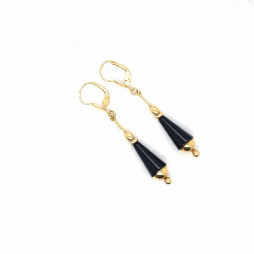 14K Yellow Gold Black Onyx Cone Drop Dangle Earrings Lever Back (view 2)