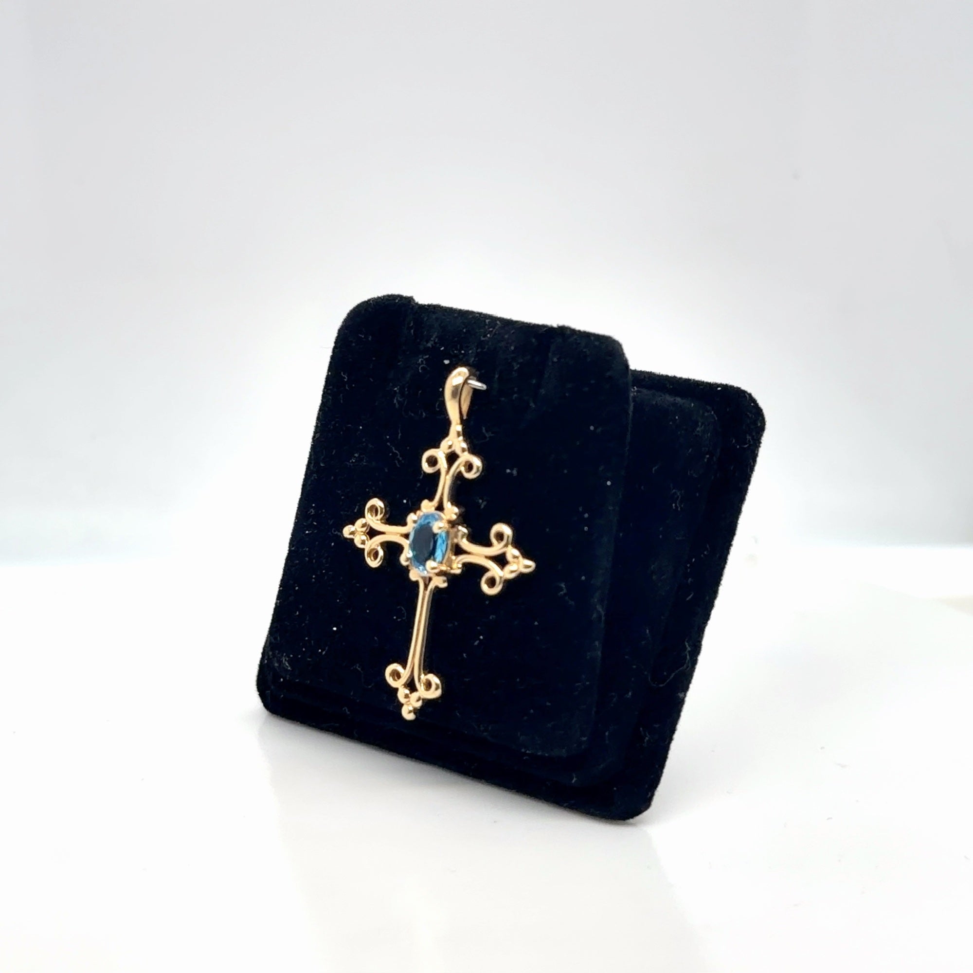 14K Yellow Gold Blue Topaz Oval Cross Pendant Filigree Scrollwork