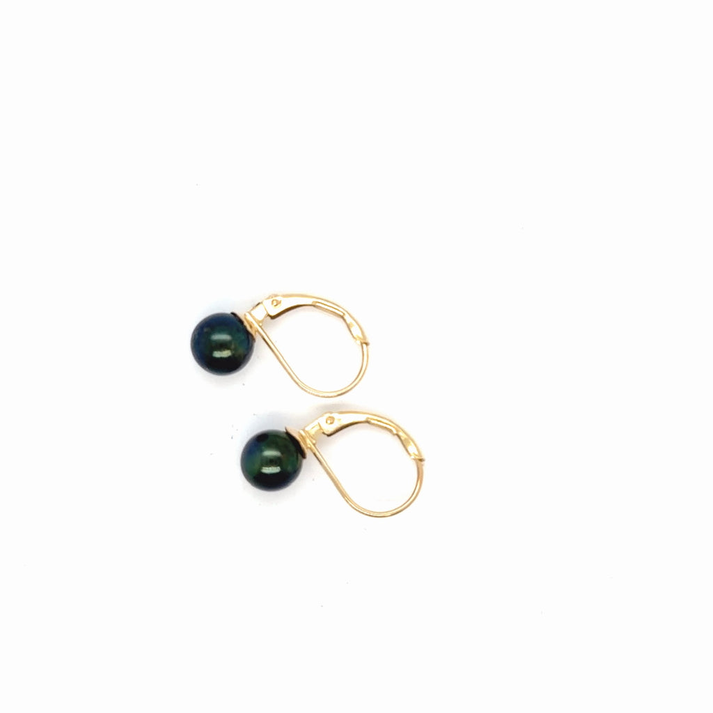 14K Yellow Gold Natural Black Pearl Leverback Drop Earrings 6.33mm (view 3)
