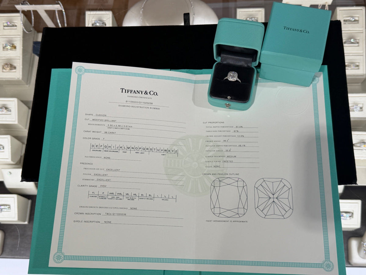 Tiffany & Co. Soleste Platinum Diamond Ring 0.98ct F VVS2 Cushion Sz 4.75 (view 8)