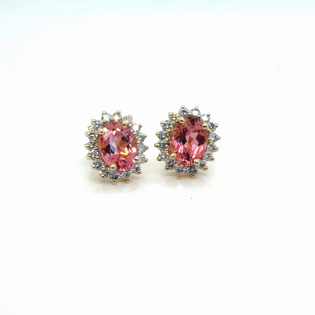 14K Yellow Gold Pink Synthetic Stone Diamond Halo Stud Earrings 0.90 ctw