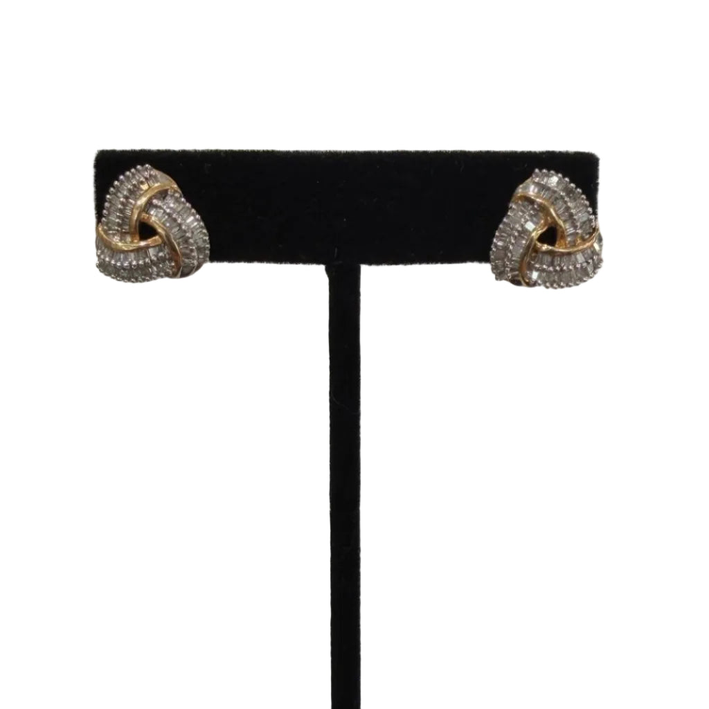 Diamond Baguette Love Knot Stud Earrings 1.25 ctw Two-Tone Gold