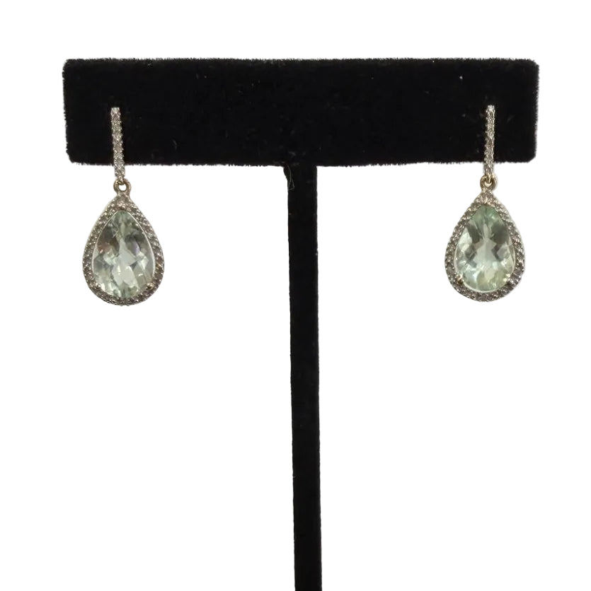 10K Yellow Gold Prasiolite Pear & Diamond Halo Drop Earrings