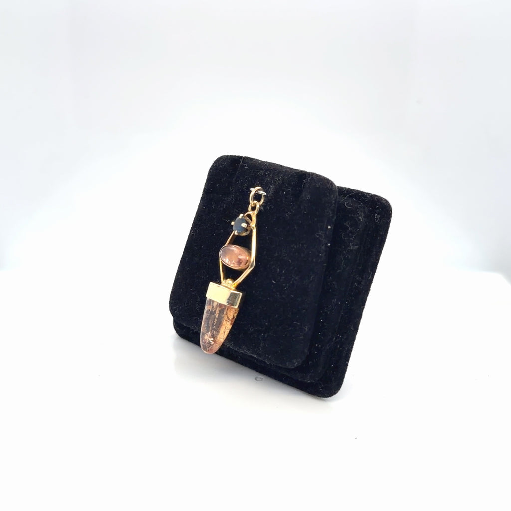 14K Yellow Gold Natural Amber & Blue Sapphire Pendant 3.13g (view 3)