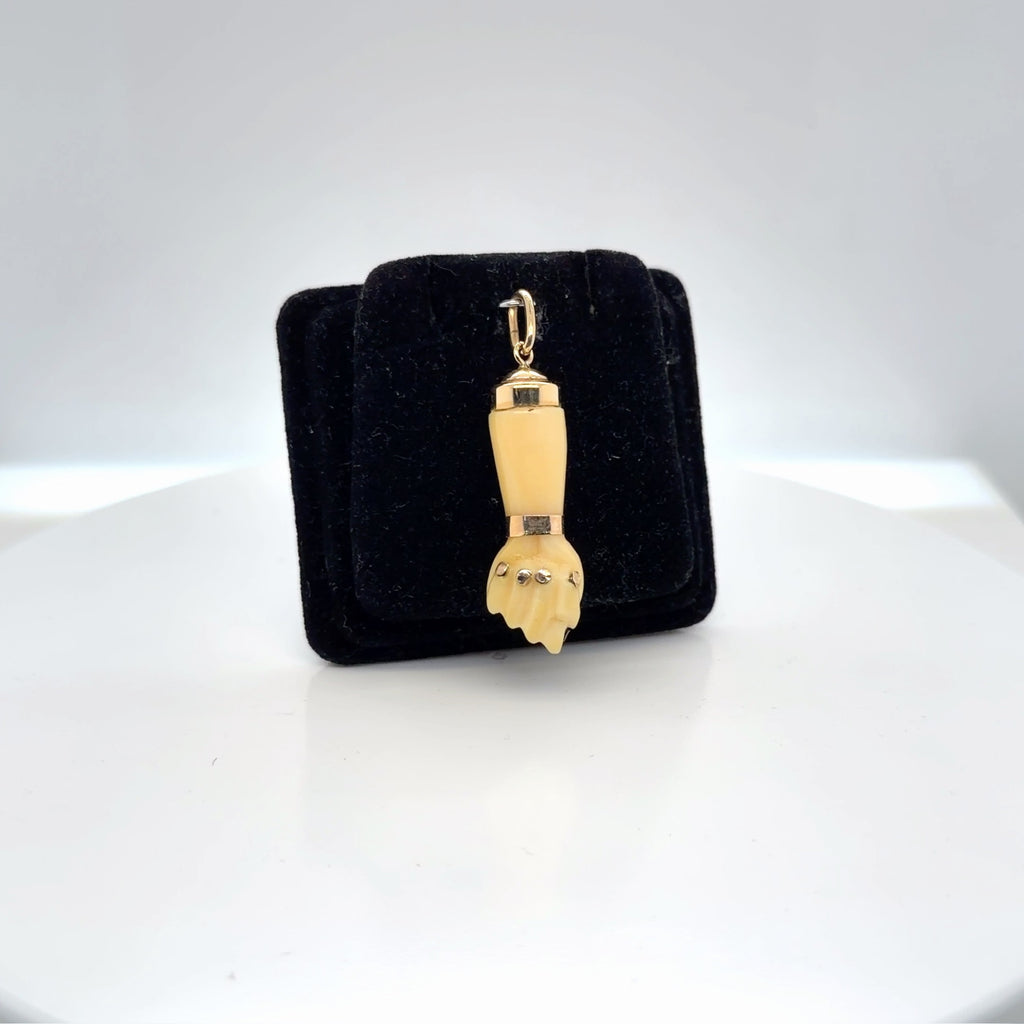 14K Yellow Gold Figa Hand Charm Pendant, Carved Ivory-Tone, 3.16g