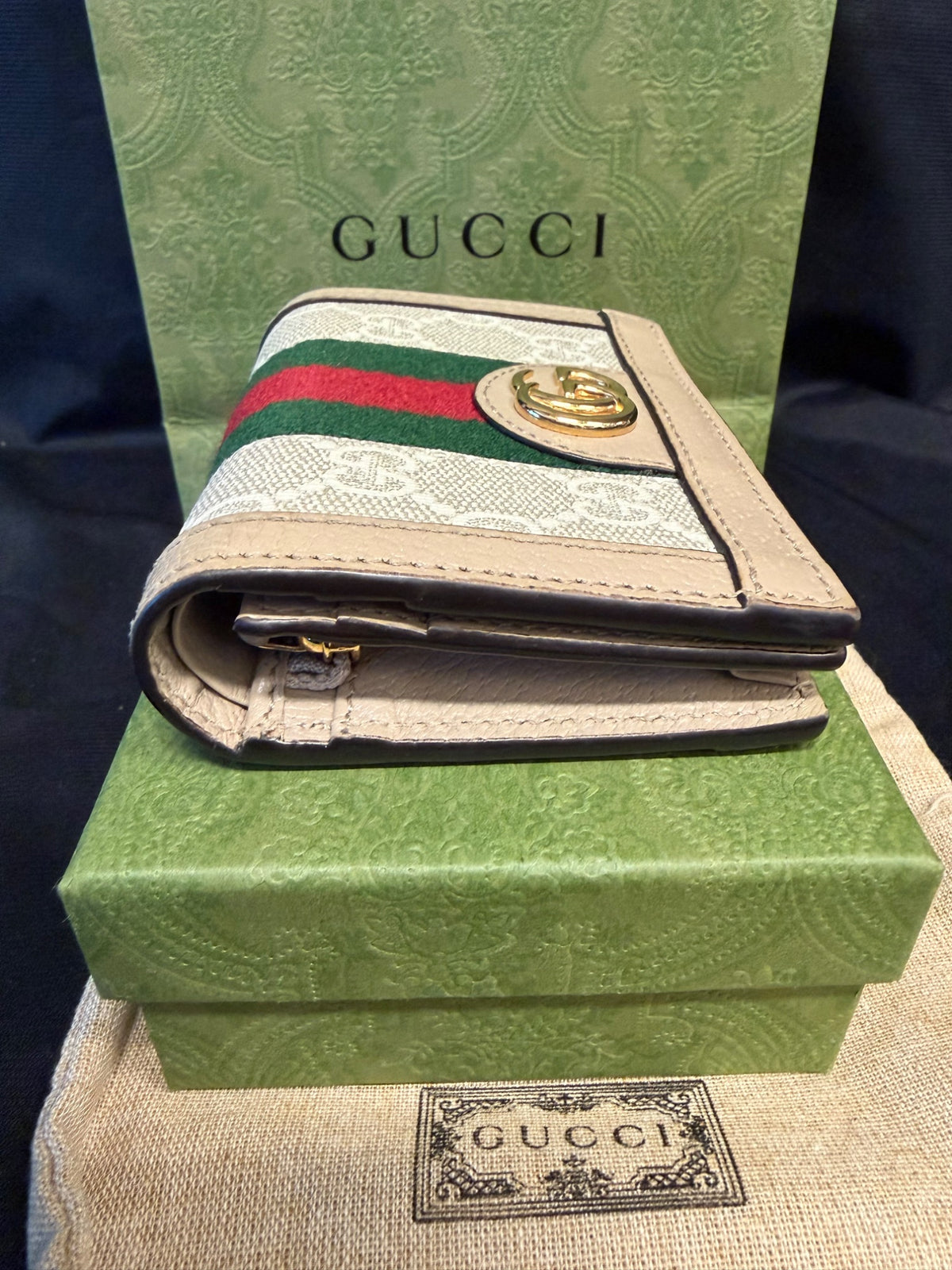 Gucci Ophidia GG Supreme Card Case Wallet, Beige Web, With Box (view 3)