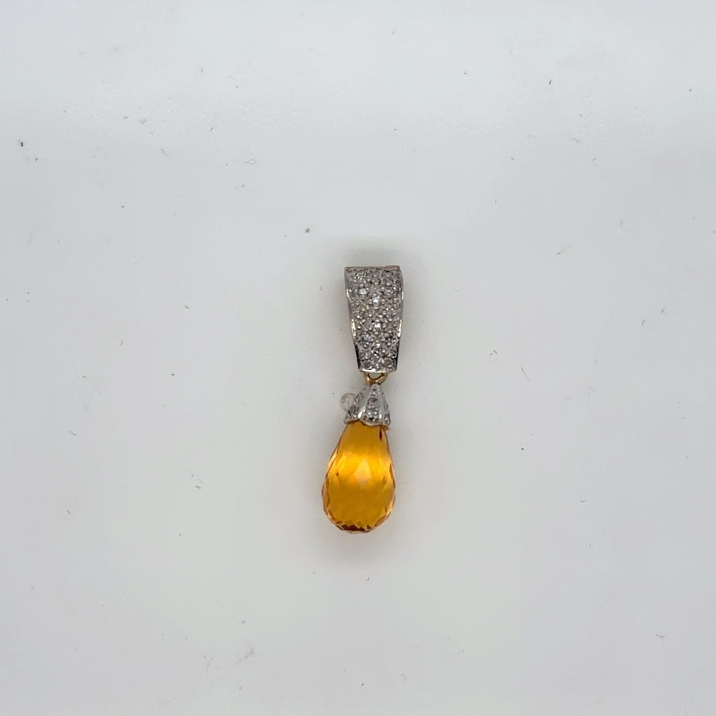 14k Two-Tone Gold Citrine Briolette Drop Pendant with Diamond Pavé