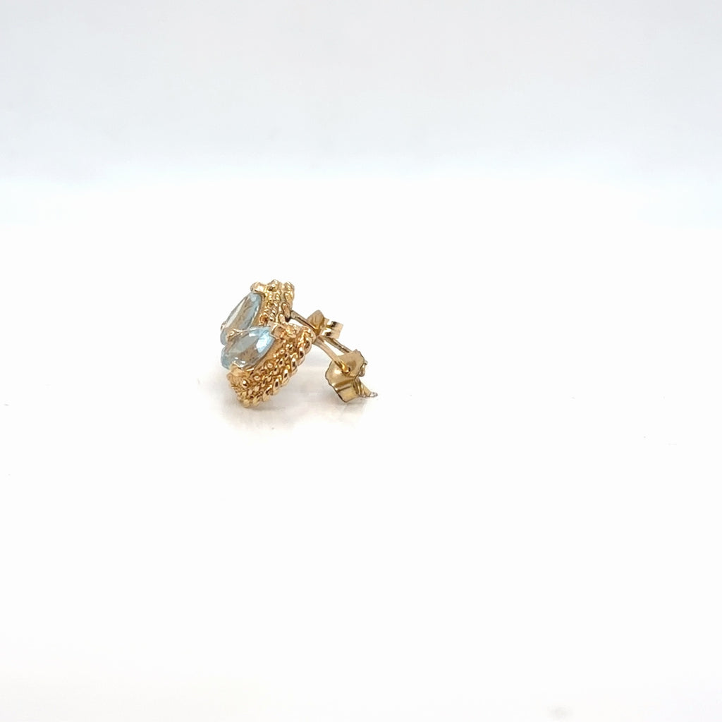 14K Yellow Gold Blue Topaz Pear Stud Earrings Rope Halo Frame (view 3)