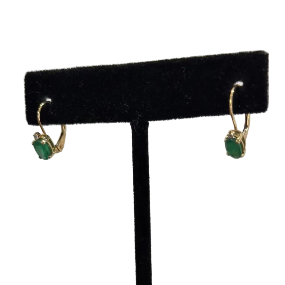 14K Yellow Gold Oval Emerald Diamond Leverback Earrings 1.10 Ctw (view 5)