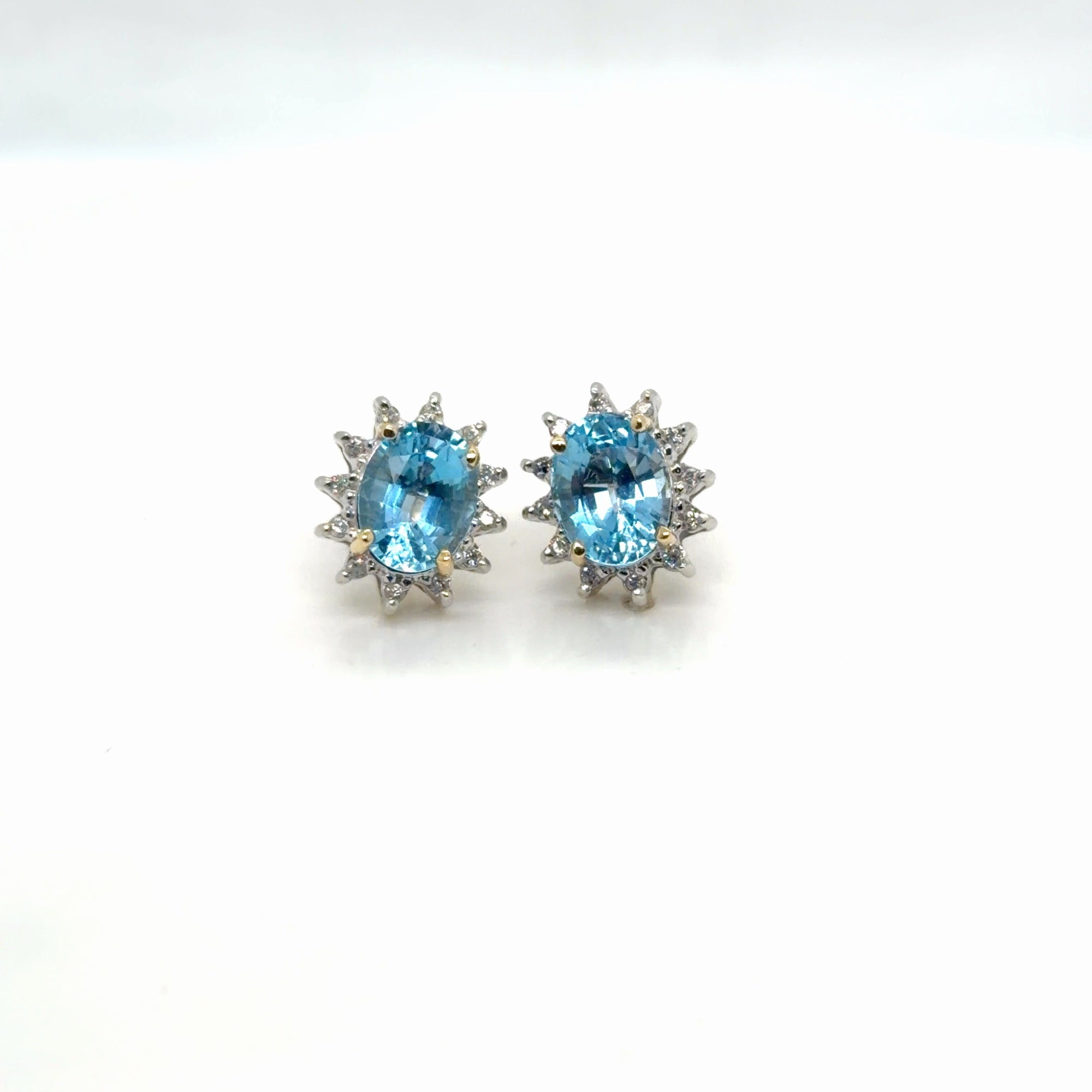 14k Two-Tone Gold Blue Topaz Oval & Diamond Halo Stud Earrings (view 2)