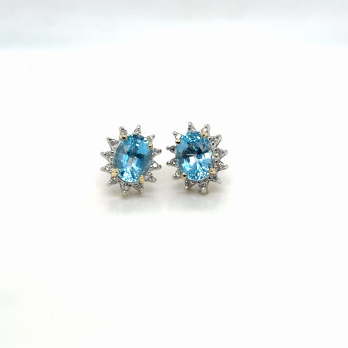14k Two-Tone Gold Blue Topaz Oval & Diamond Halo Stud Earrings (view 2)