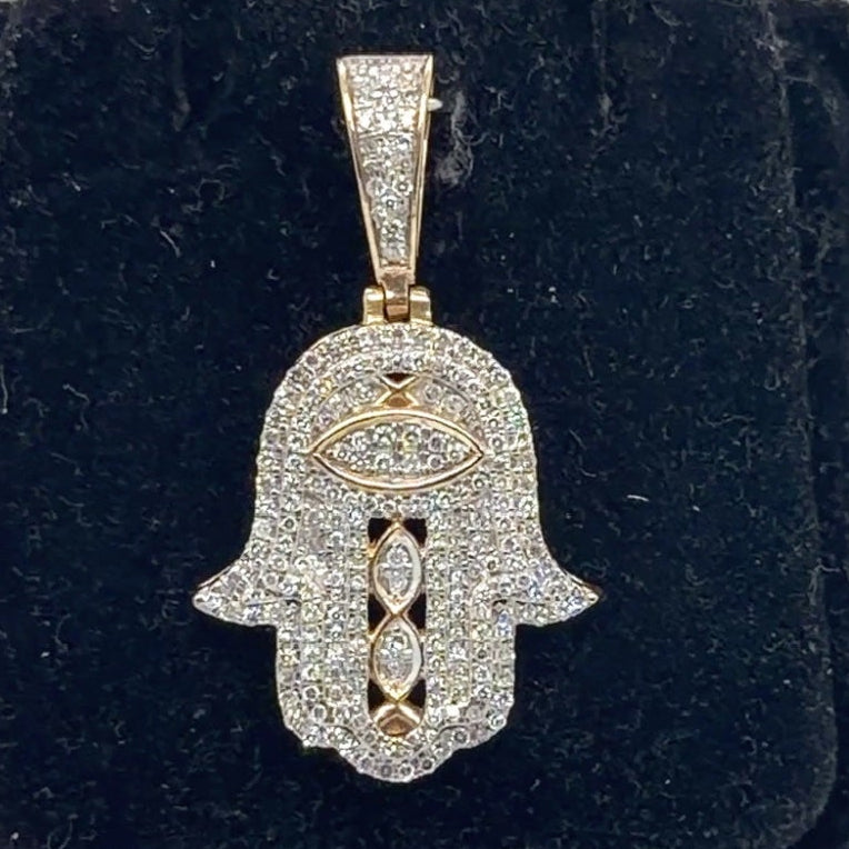 10K Yellow Gold Diamond Hamsa Hand Pendant 0.36 CTW Natural Pave