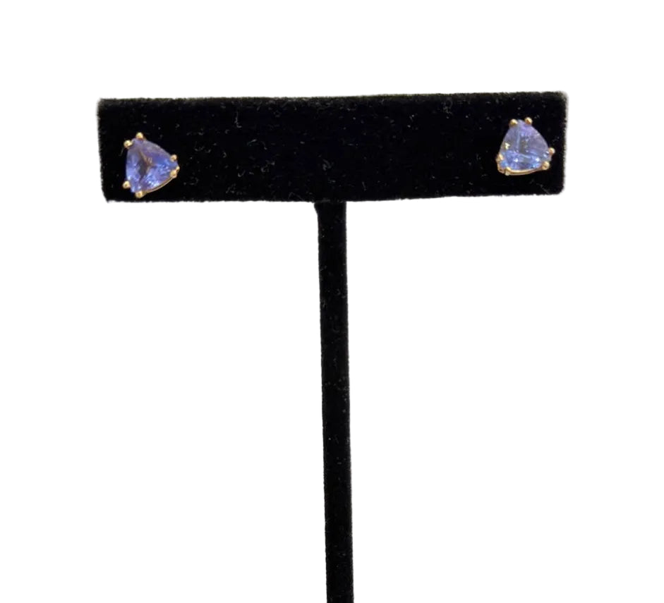Tanzanite Trillion Stud Earrings 14K Yellow Gold Pre-Owned (view 1)