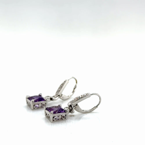 14K White Gold Amethyst Cushion & Diamond Drop Earrings, 3.00g (view 2)