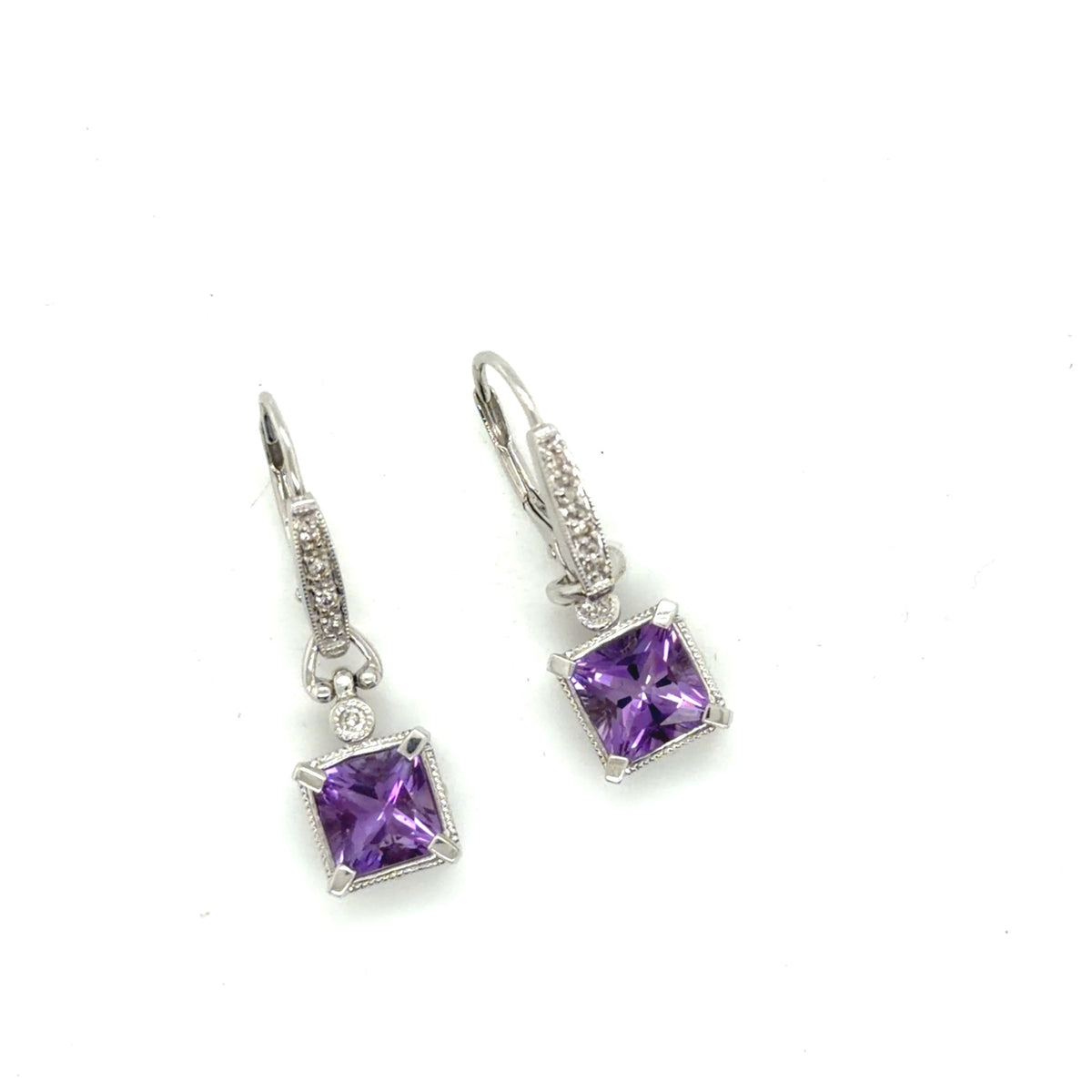 14K White Gold Amethyst Cushion & Diamond Drop Earrings, 3.00g (view 1)