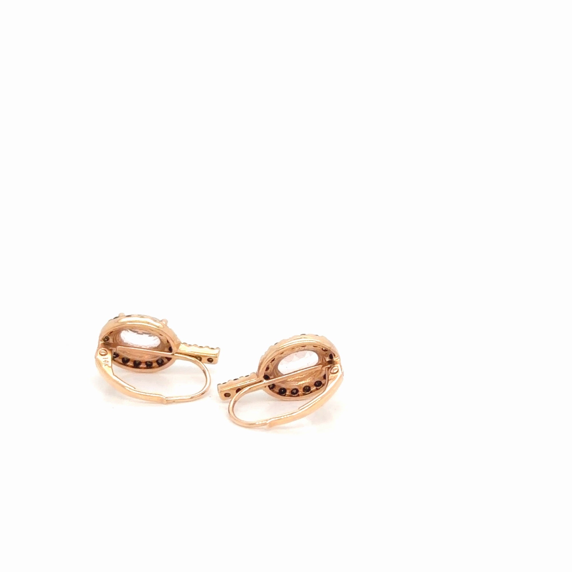 14K Rose Gold Oval Morganite Black Diamond Halo Leverback Earrings