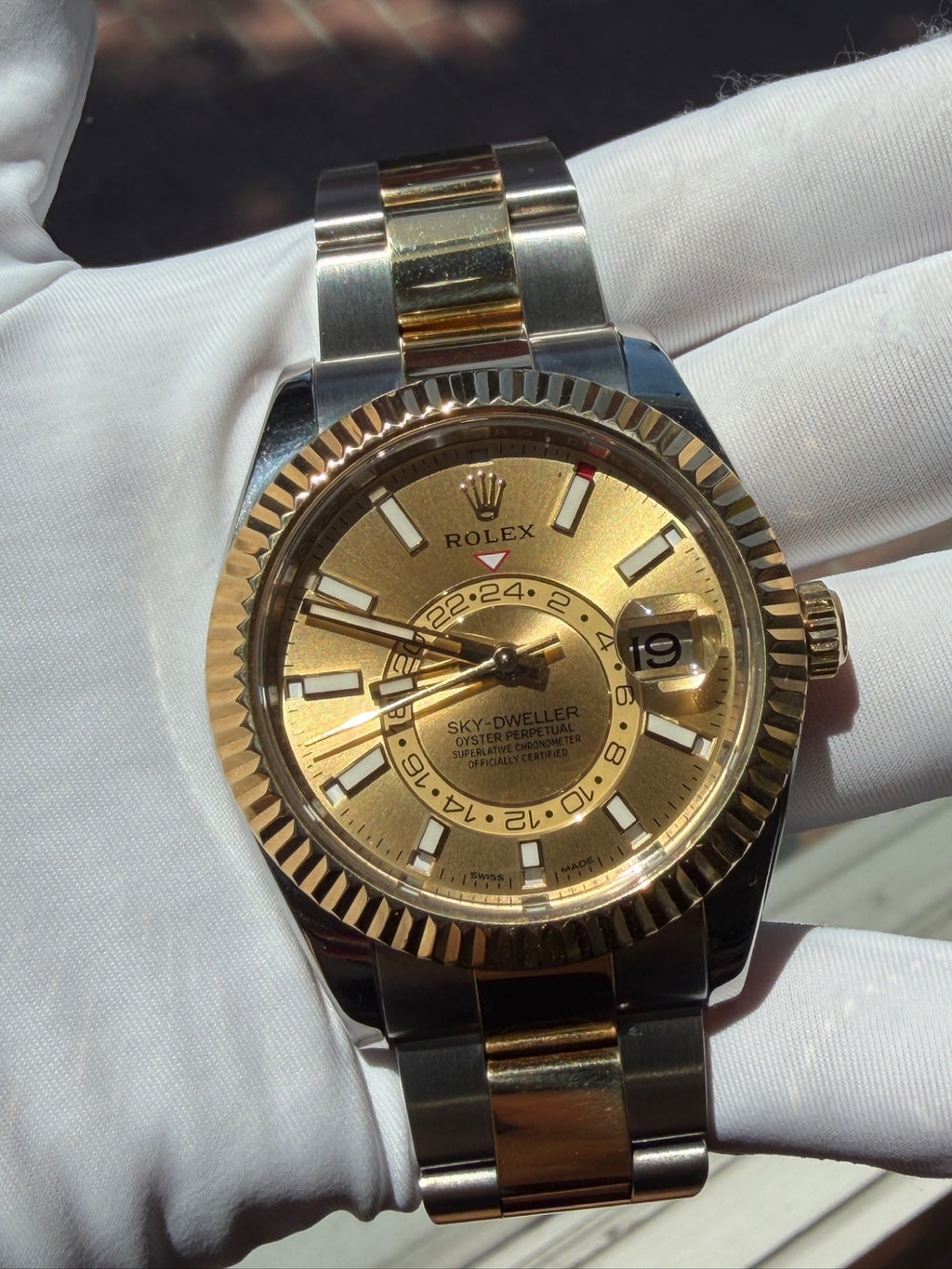 Rolex Sky-Dweller 42mm Two-Tone Steel 18k Gold Champagne Dial 326933 (view 1)