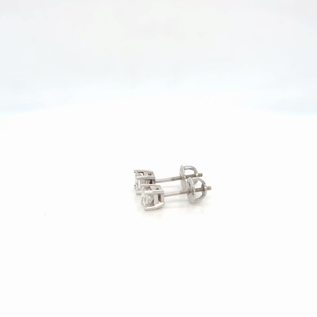 14K White Gold Princess Diamond Stud Earrings 0.70 ctw H SI Screw Back