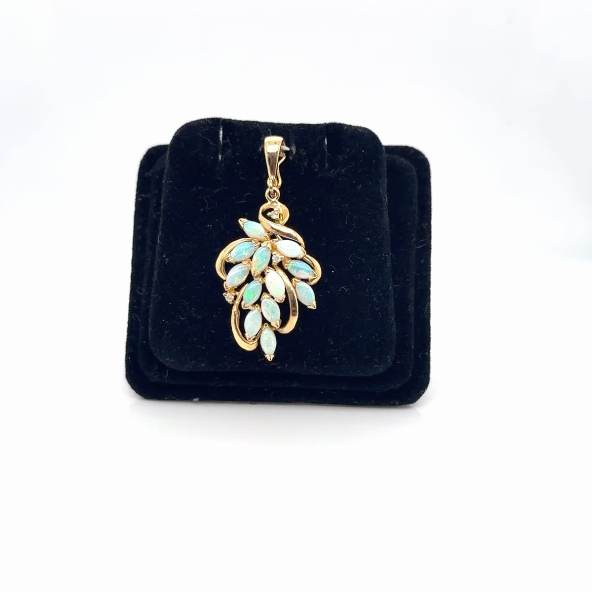 14K Yellow Gold Opal Marquise & Diamond Cluster Leaf Pendant