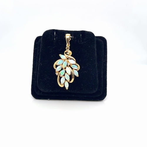 14K Yellow Gold Opal Marquise & Diamond Cluster Leaf Pendant