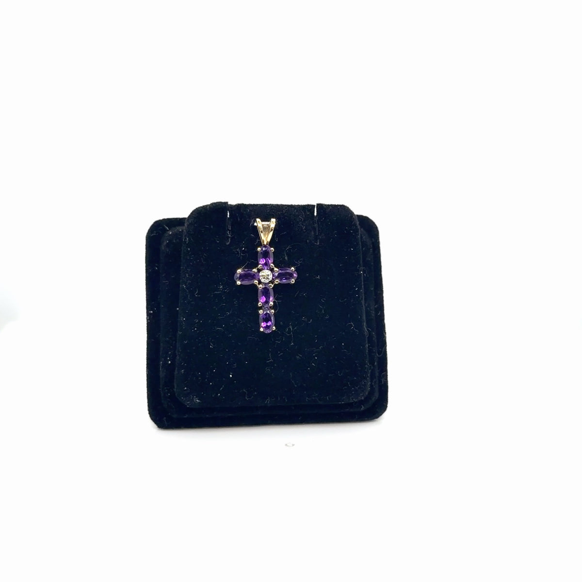 10K Yellow Gold Amethyst Diamond Cross Pendant, 6 Oval Amethysts (view 2)