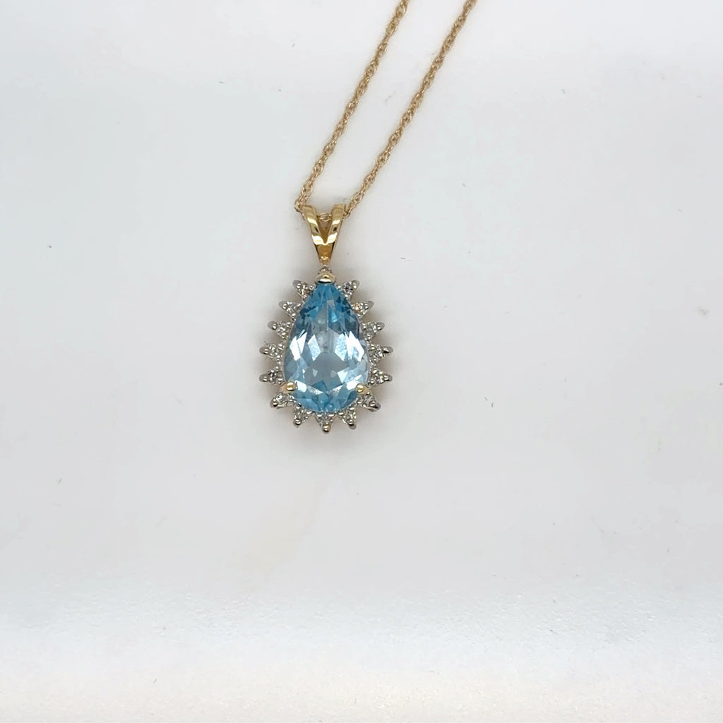 14K Yellow Gold Blue Topaz Pear & Diamond Halo Pendant Necklace 16 In (view 3)