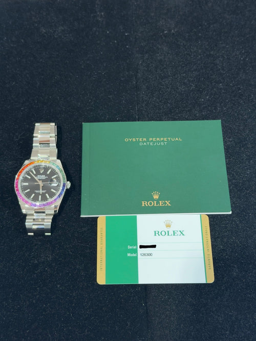 Rolex Datejust 41 Stainless Steel Black Dial Rainbow Bezel Ref 126300