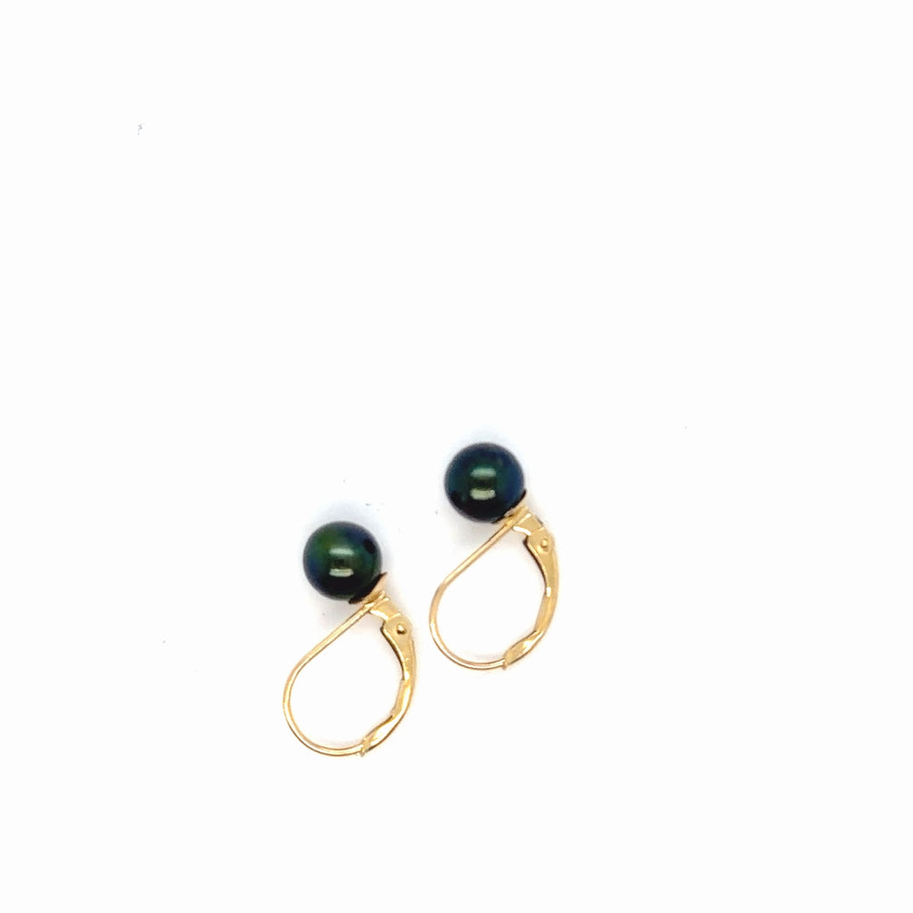 14K Yellow Gold Natural Black Pearl Leverback Drop Earrings 6.33mm (view 2)