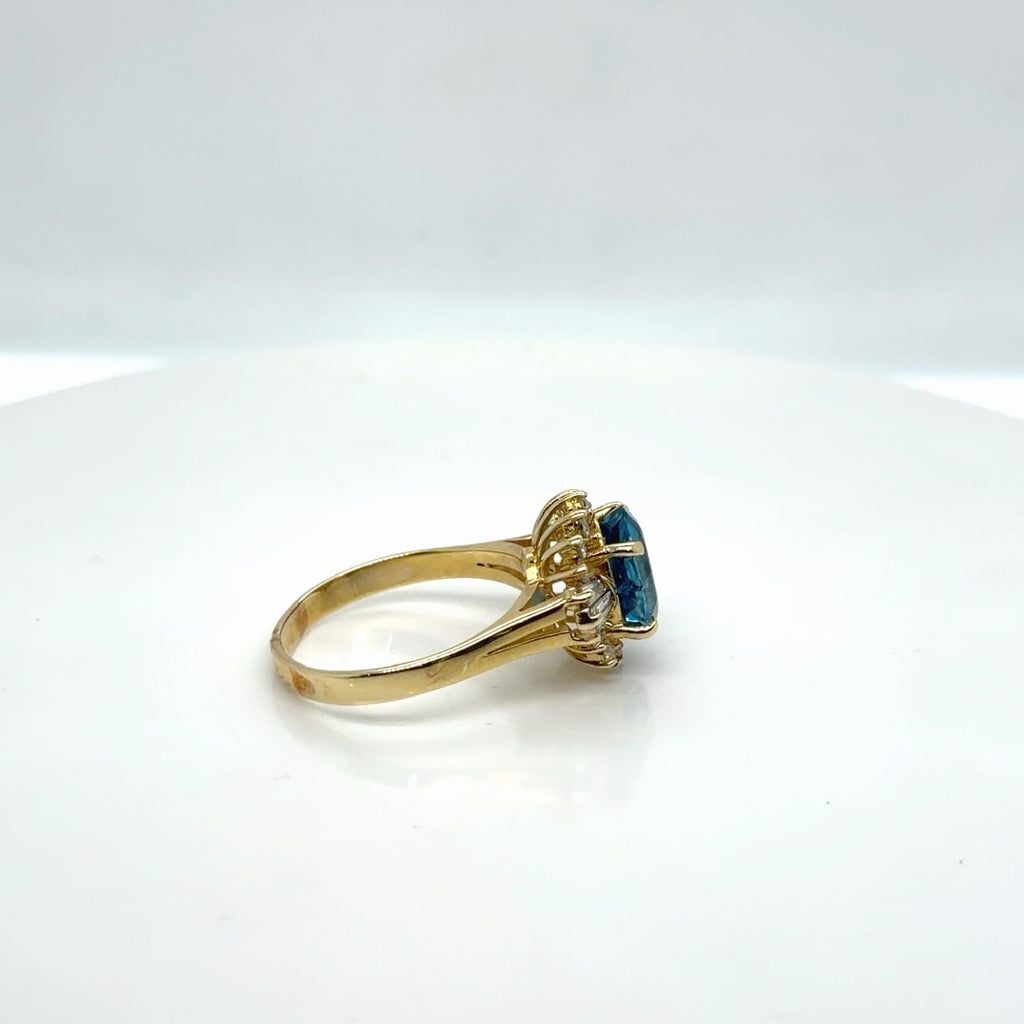 14k Yellow Gold Blue Topaz Oval Diamond Halo Cocktail Ring Size 9.75 (view 3)