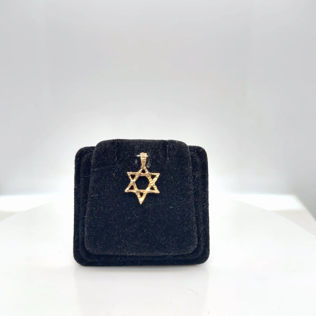 14K Yellow Gold Star of David Pendant, Textured Open-Work, 1.07g