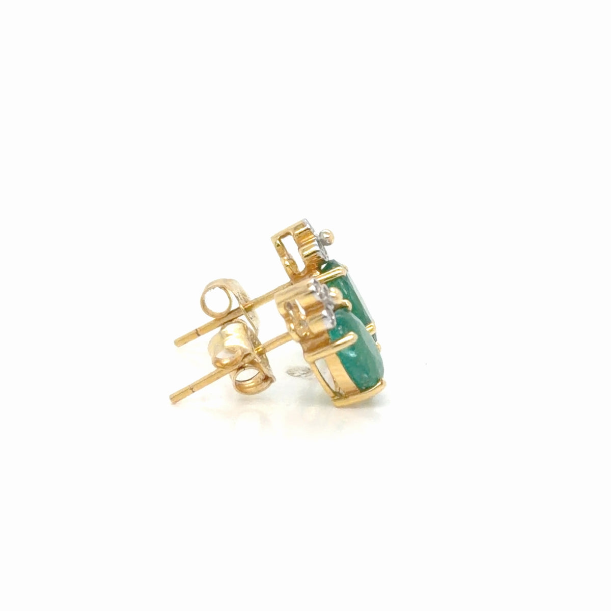 14K Two-Tone Gold Oval Emerald Diamond Stud Earrings 1.32 ctw (view 4)
