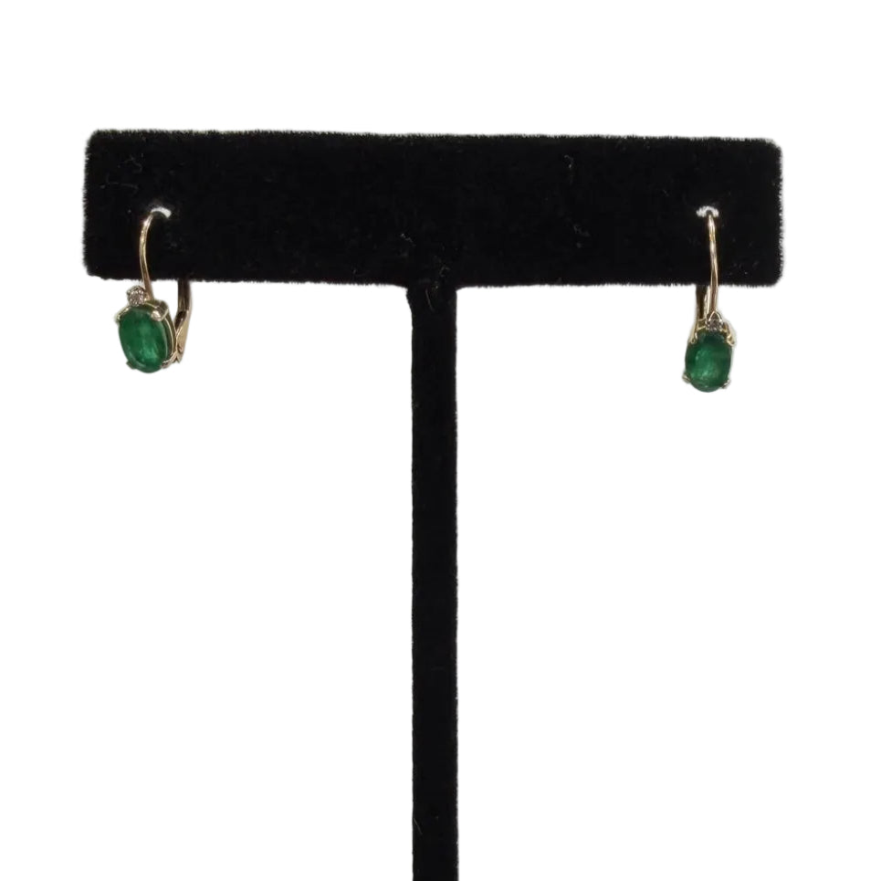 14K Yellow Gold Oval Emerald Diamond Leverback Earrings 1.10 Ctw (view 1)
